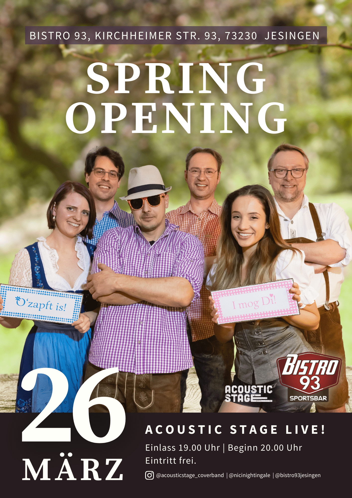 Plakat Spring Opening mit Acoustic Stage im Bistro 93